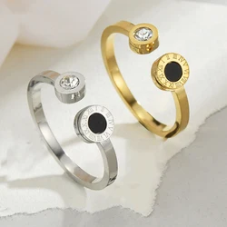 2023 New Trendy Roman Numeral Open Rings for Women Fashion Zirconia Black Shell Adjustable Ring