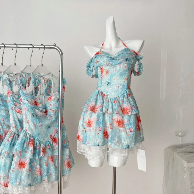 2025 Nuovo dolce pizzo loto floreale mini abito con spalle scoperte Romantico Fairycore sexy chic a-line ricamo trasparente abito vintage carino