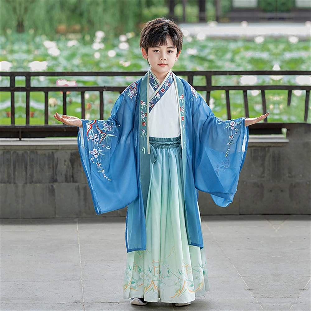 New Boy Hanfu dreiteiliges Set Original verbesserte alte Kostüm Kinder Fee Gelehrte Leistung traditionelle chinesische Kostüm