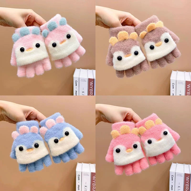 

Kids Cartoon Flip Gloves Winter Thick Warm Boy Girl Half Finger Mittens Outdoor Windproof Children Writing Five Finger Gloves