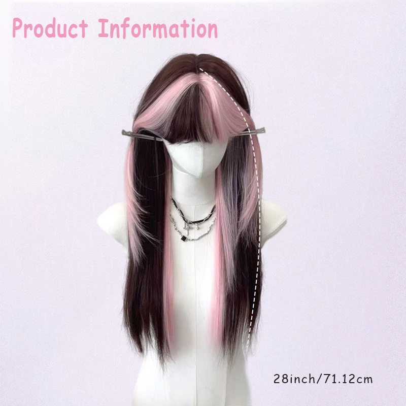 28 Inch K‑Pop Lolita Tousled Long Straight Synthetic Wig, Cosplay Wig for Women Halloween Carnival Music Festival