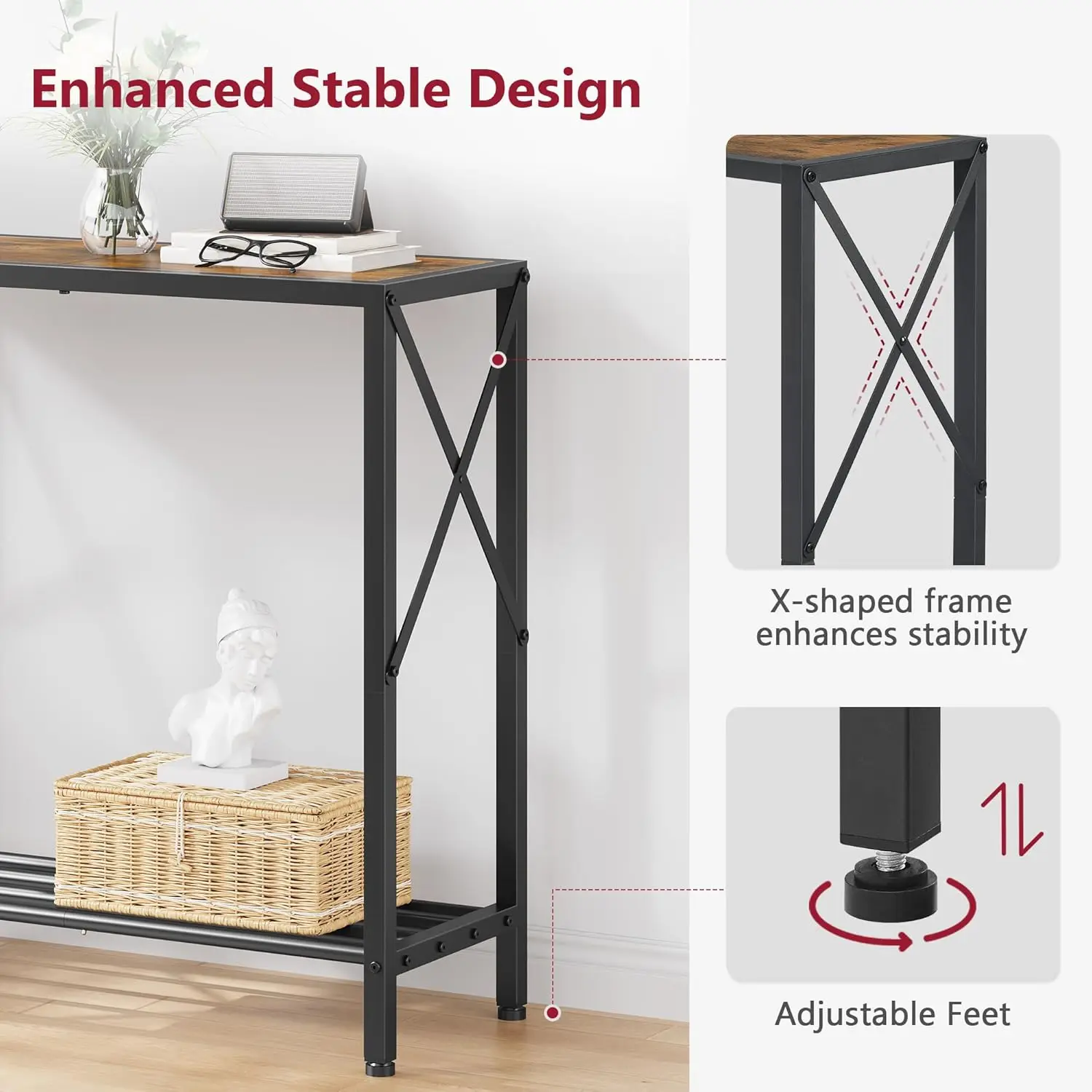 28.3''L Narrow Console Table with 2 Open Shelves, Rustic Brown for Entryway, Living Room, Office