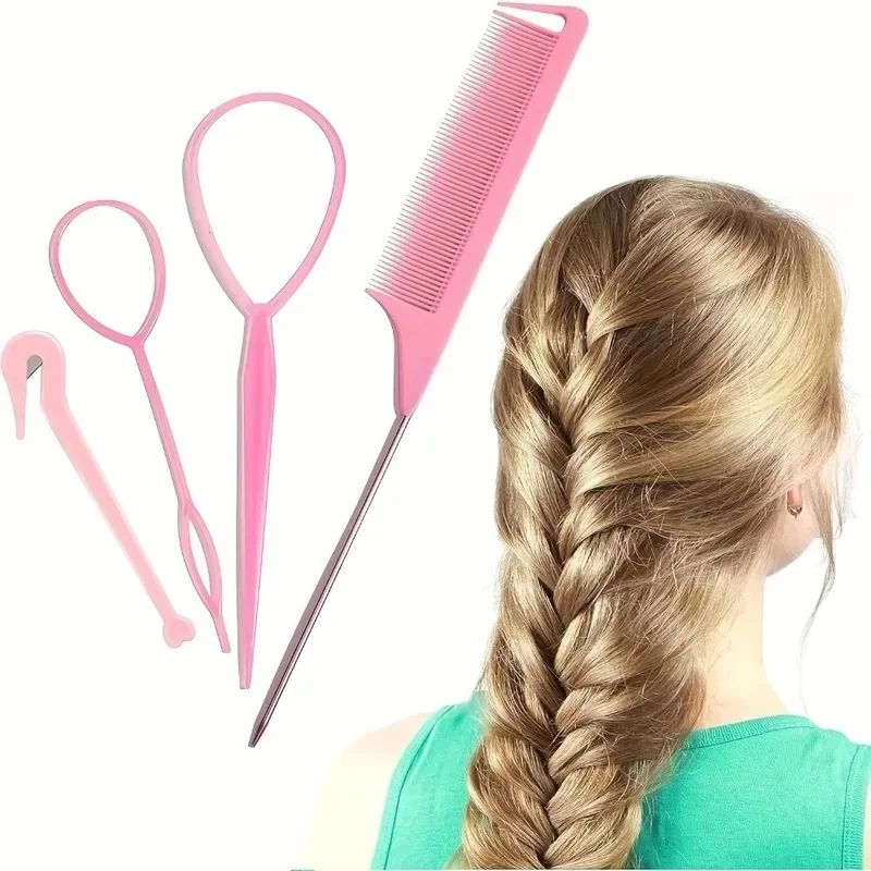 4pcs/set Loop Elastic Hair Bands French Braid Tool Mouse Tail Comb Pointed Tail Comb Hair Knitting Tools Four Piece Set