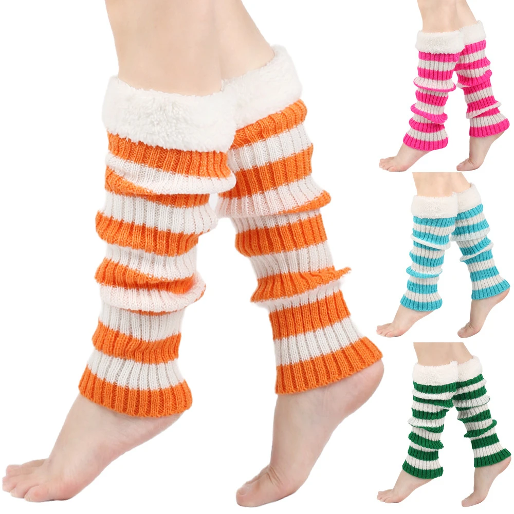 

Autumn Winter Striped Plus Velvet Pile Socks Christmas Knitted Plush Warmth Foot Covers Patchwork Woolen Leg Warmers Boots Cuffs