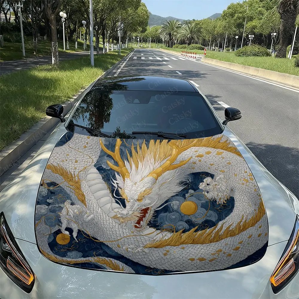 

Golden Eyed White Dragon Car Hood Decal Sticker, Durable Car Vinyl Wraps Suitable For Most Vehicles, Car Engine Hood Protective
