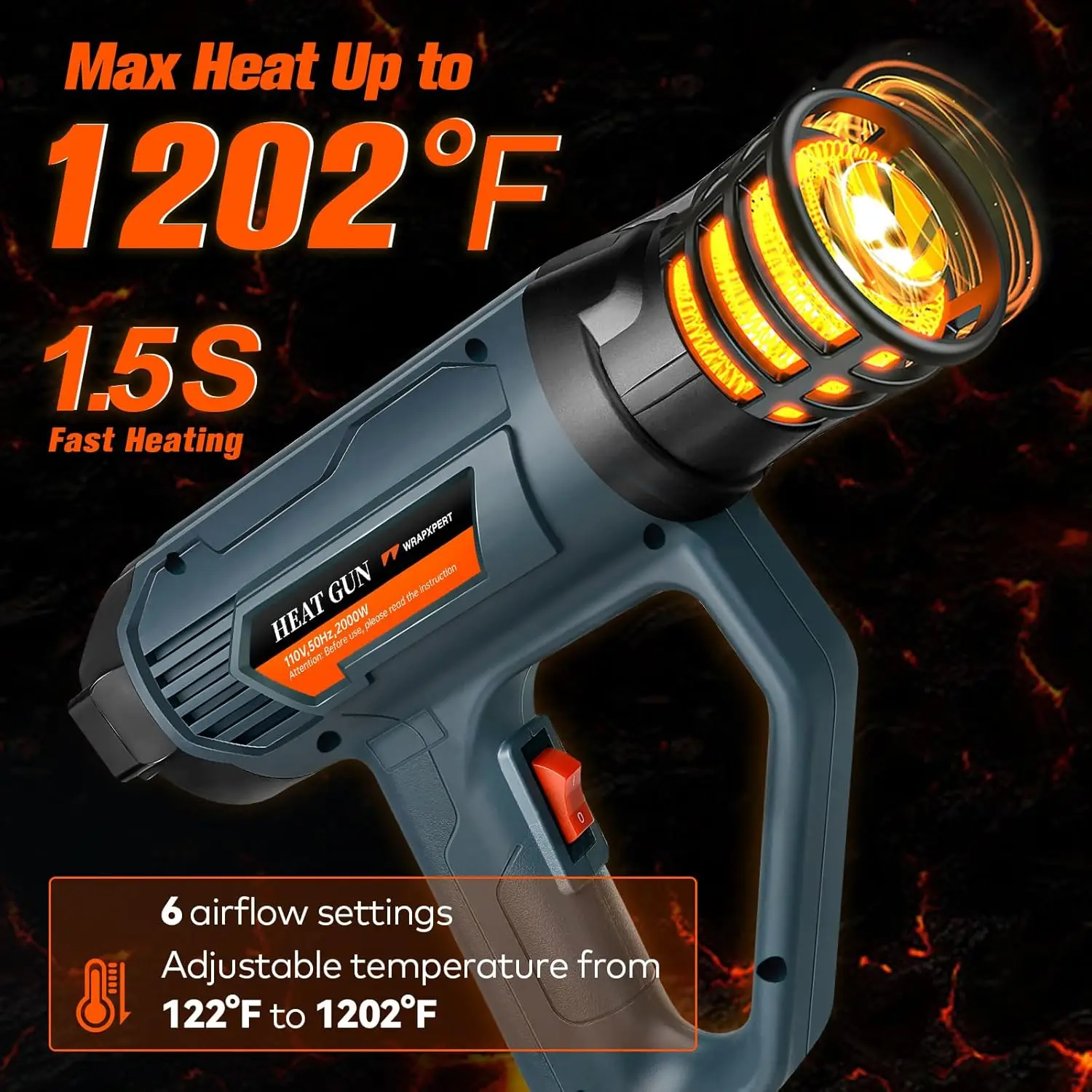 LCD Digital Heat Gun 2000W with Adjustable Temperature 122°F-1202°F (50°C-650°C) and Memory Function for Vinyl Wrap, Window Tint, Car Wrap, Crafts, Heat Shrink Tubing, Paint Stripping