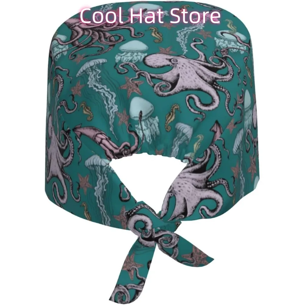 Octopus Squid Jellyfish Working Cap for Women, Scrub Cap with Sweatband Adjustable, Unisex Tie Back Hat, Nurse  Caps
