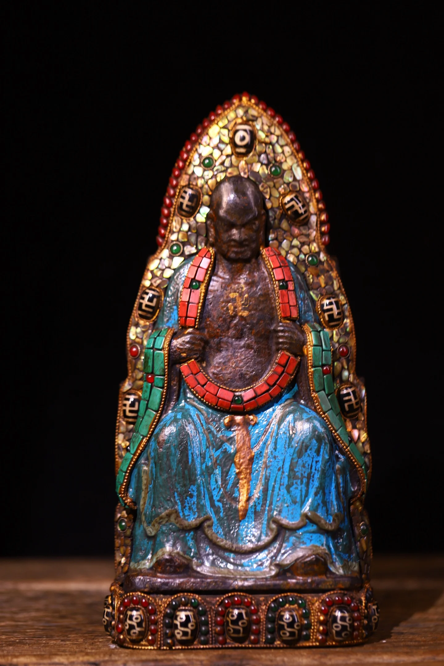 Old Natural Meteorite Mosaic Gem gZi Beads Turquoise Master Buddha The Great Monk Ksitigarbha Backlit Buddha Platform Buddha