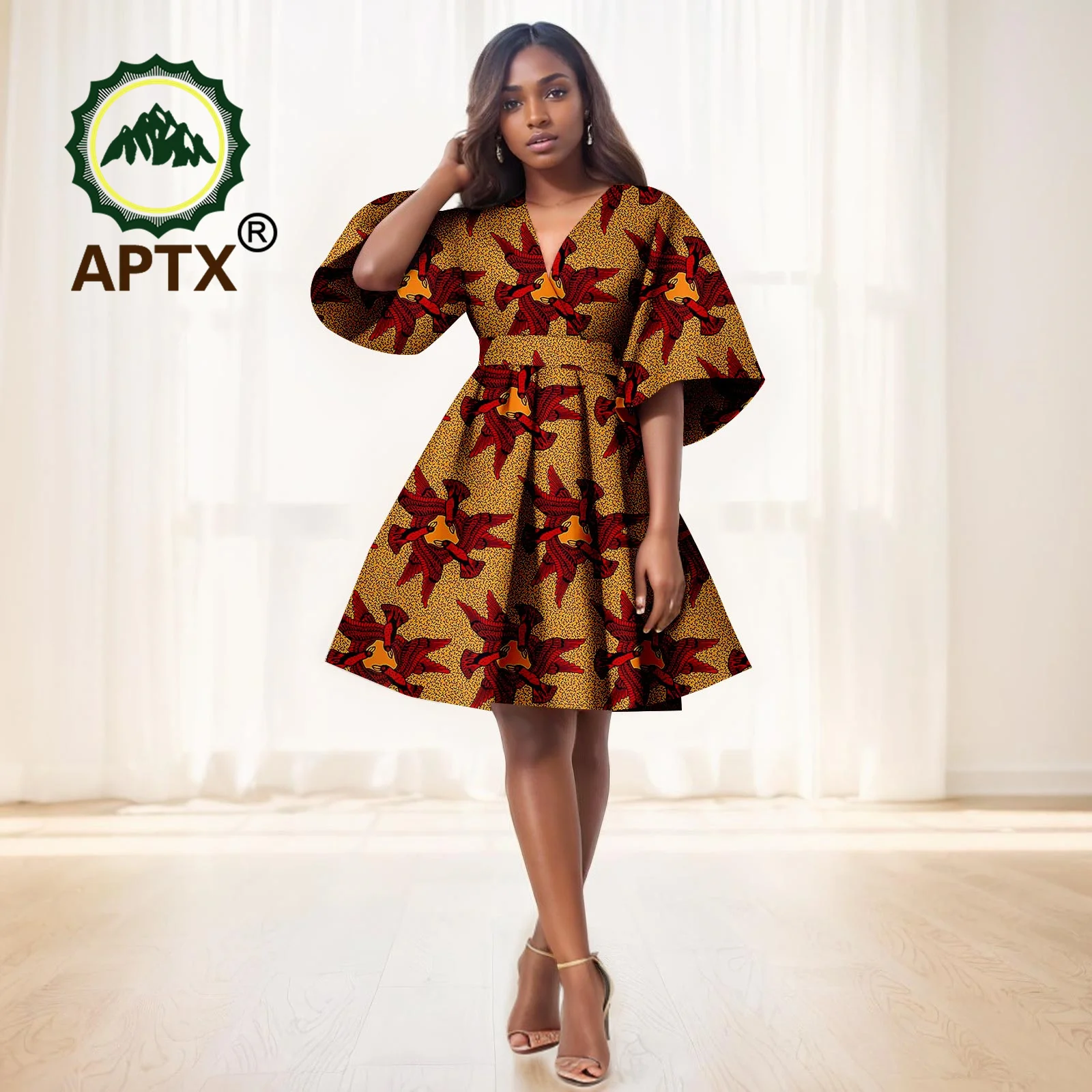 

African Women Print Dress Ankara Short Sleeve V-Neck Knee-Length Dresses High Waist Dashiki Casual Party Wedding Attire