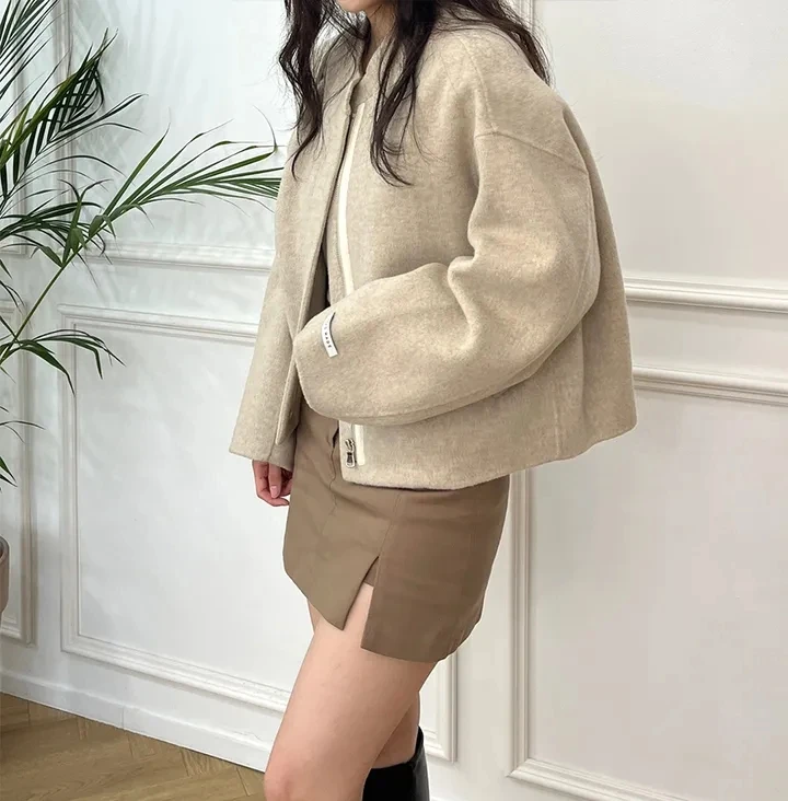 2 ألوان معطف صوفي المرأة 2026 الخريف الشتاء الكورية سترات فضفاضة الإناث موضة سستة ملابس خارجية دافئة معاطف (Ge7780