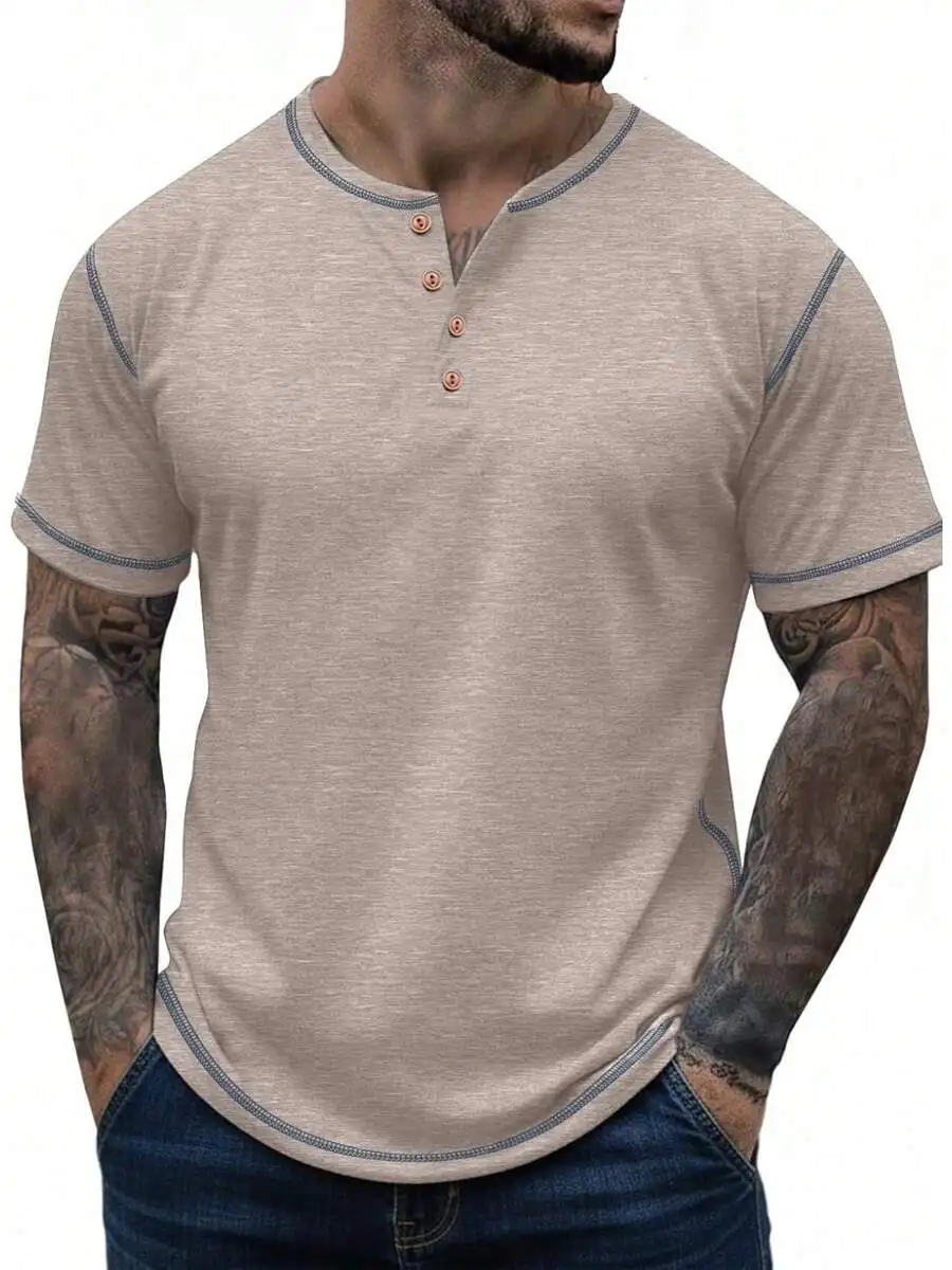 Mens Henley Shirt Casual Lightweight Summer Cotton Short Sleeve