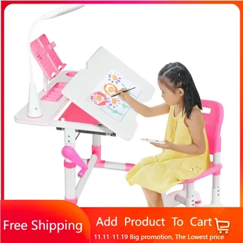 Kinderbureau en stoelenset voor kinderen van 4-12 jaar, in hoogte verstelbare kinderstudeertafel, studentenschoolbureaus met lamp, etui