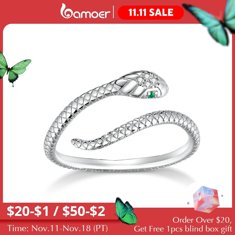 Bamoer 925 Sterling Zilver Platina Vergulde Verstelbare Ring, Groene Zirkoon Retro Texturen Snake
