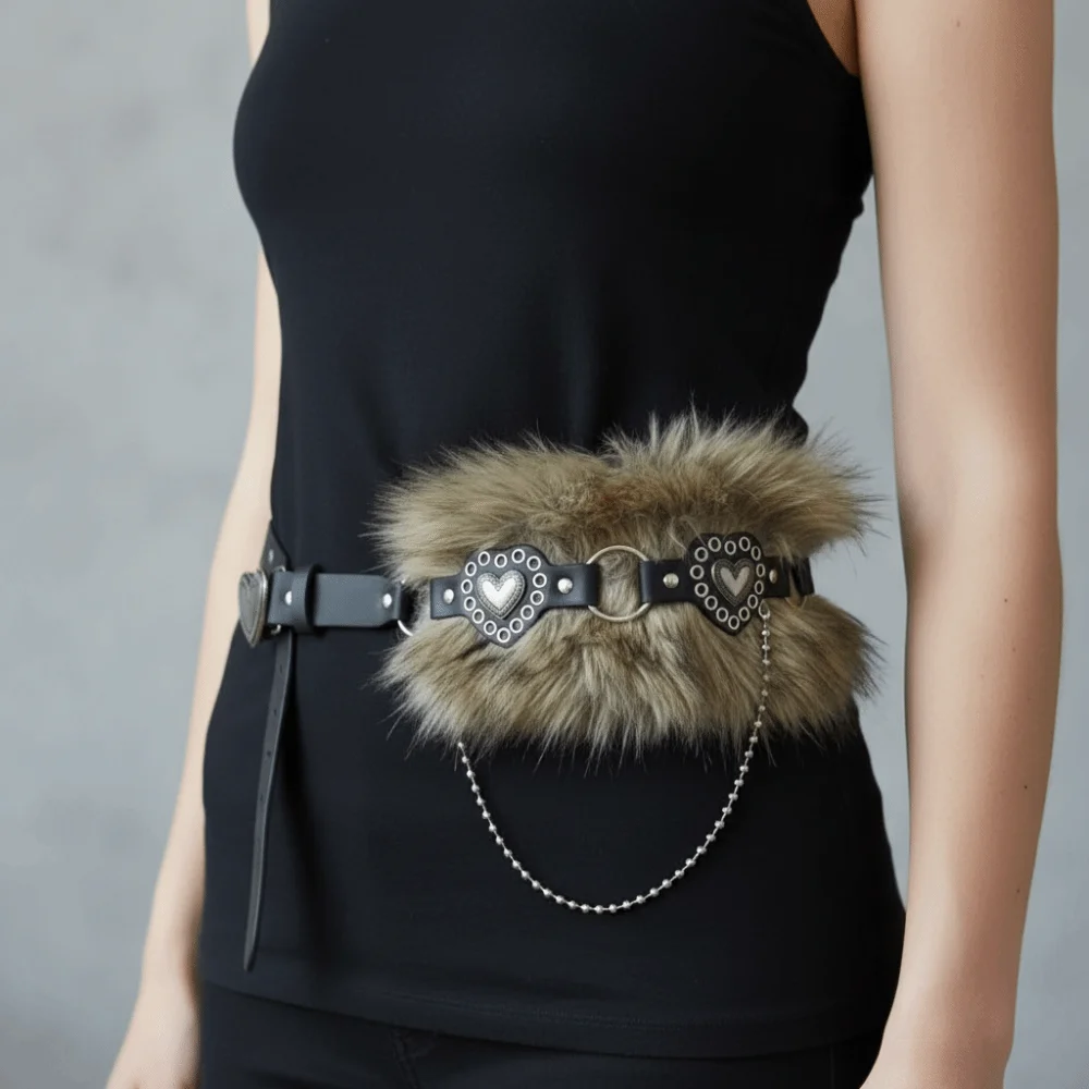 

Лоскутный кожаный меховой ремень в форме сердца из искусственной кожи, пикантный стиль девушки, пушистый пояс из искусственного меха, пояс в стиле панк Y2K, украшение для платья