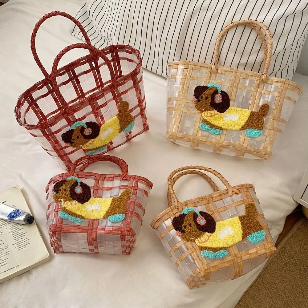 

Cute Cartoon Puppy Woven Handbag Transparent Jelly Bag Large Capacity Tote Bag Summer New Beach Bag Portable Storage Bag ﻿