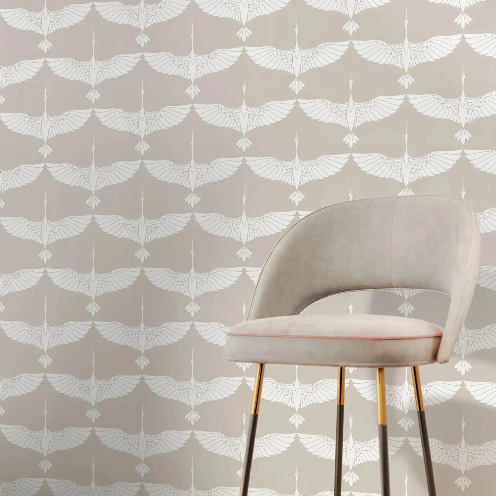 Mid Century Cranes Wallpaper Art Decor Swans Cream Wallpaper ,Peel and Stick Wallpaper For Home Decor And Wall Art Decoration
