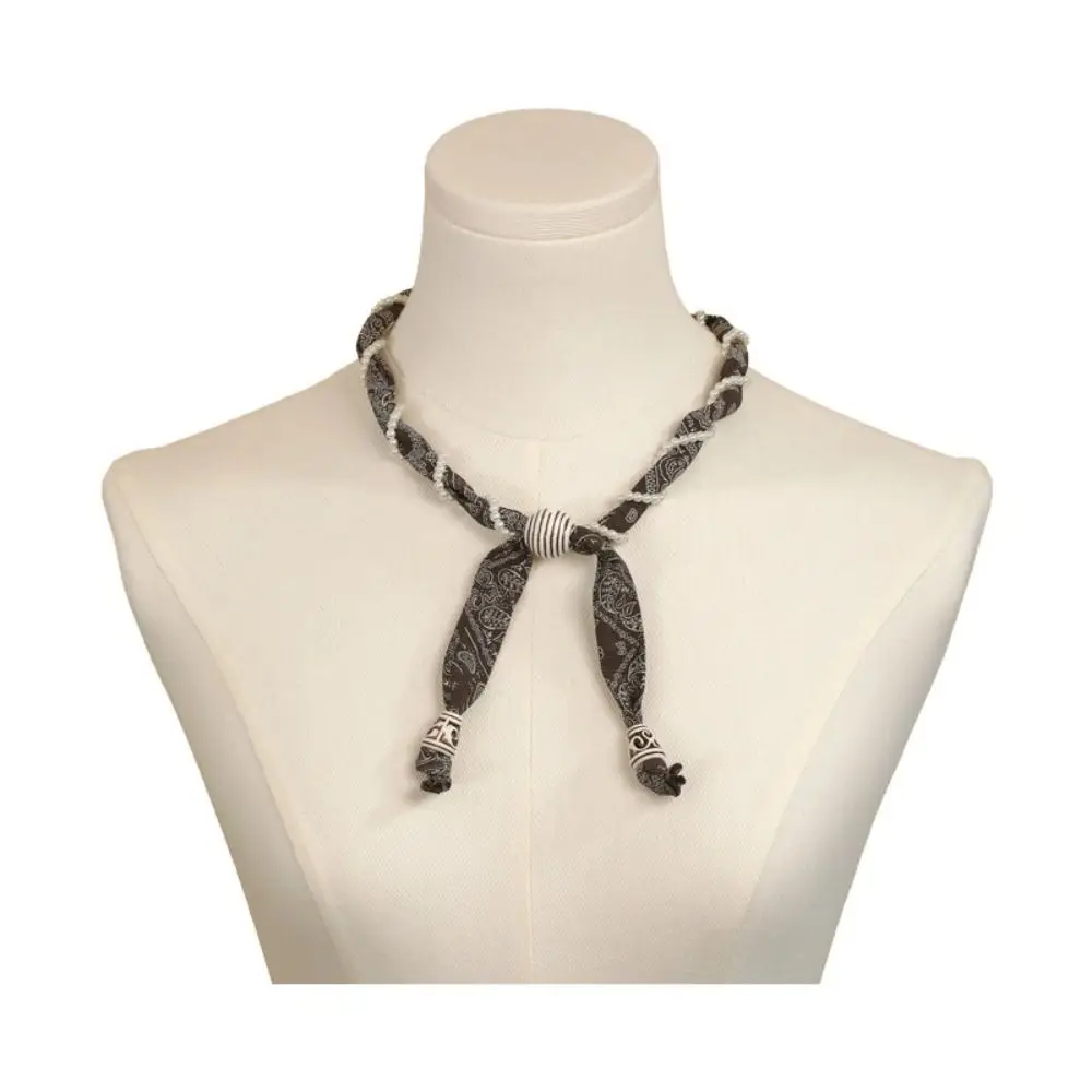 Vintage Flower Print Cashew Flower Scarf Pearl Scarf Resin Wood Beads Neck-Wrapping Scarf High-End Collar Knot Yarn Silk Scarf