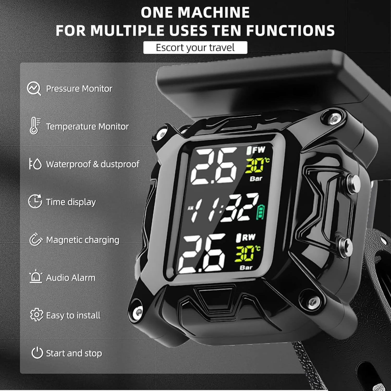 Motorcycle Tire Pressure Monitoring System Motorcycle TPMS with 2 Sensors LCD Display Wireless Solar Charging Motorbike