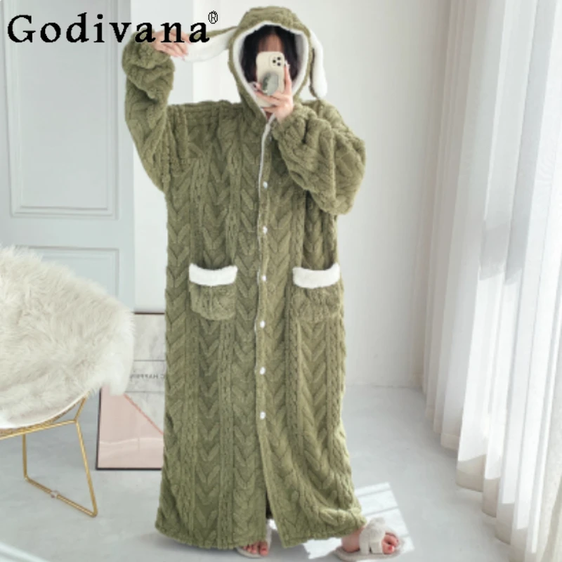 

Large Size Winter Thickened Flannel Hooded Extended Nightgown Fleece Loose Fashion Simple Comfortable Solid Color Nightdress
