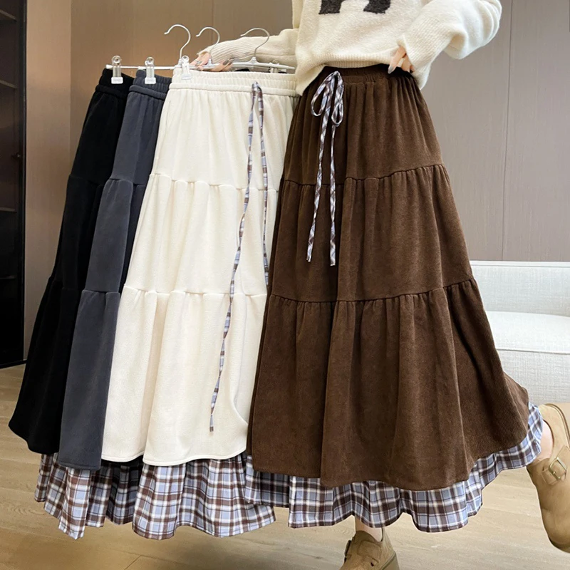 Gonne lunghe patchwork finte in due pezzi Donna Autunno Gonna longuette in velluto a coste vintage Donna Elegante gonne maxi con lacci in colore a contrasto