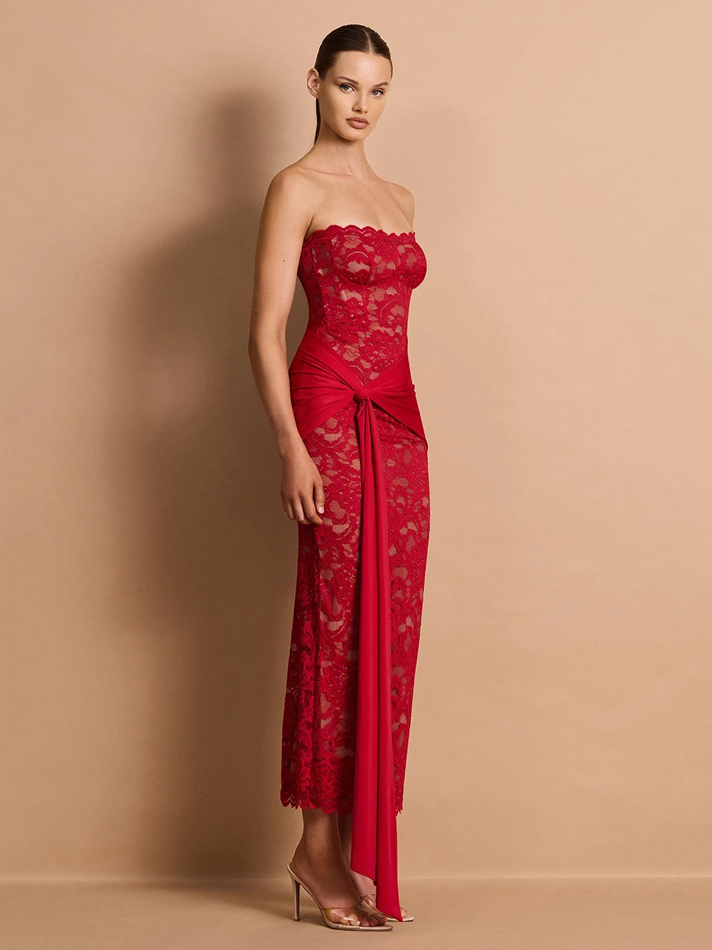 Modphy Elegant Lace Strapless Waist Patchwork Long Dress Strapless Backless For Slimming And Formal Evening Ladies' Dress