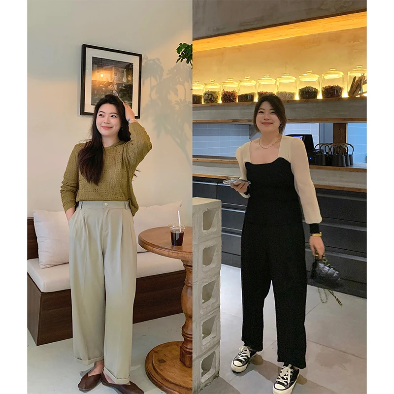 

Lin Da Hui Casual Summer Pants plus Size Women's Straight Leg High Waist Commute Sle Korean Faion plus Size Slimming