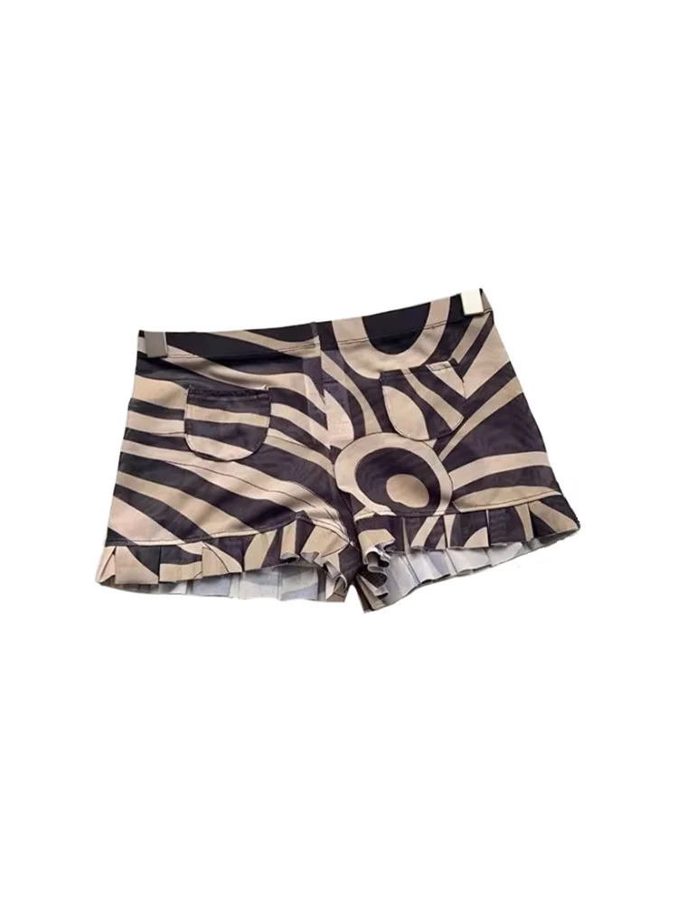 Summer Fashion Vintage Geometric Print Sexy Slim Shorts Women's Party Middle Waist Pocket Straight Barrel Flounces Hem Shorts