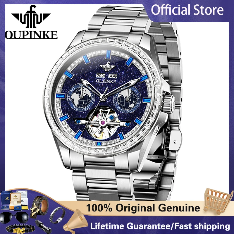 OUPINKE Luxury Top Brand Men Full  Automatic Mechanical Watch Multifunctional Calendar Week Waterproof Mens Clock 3280