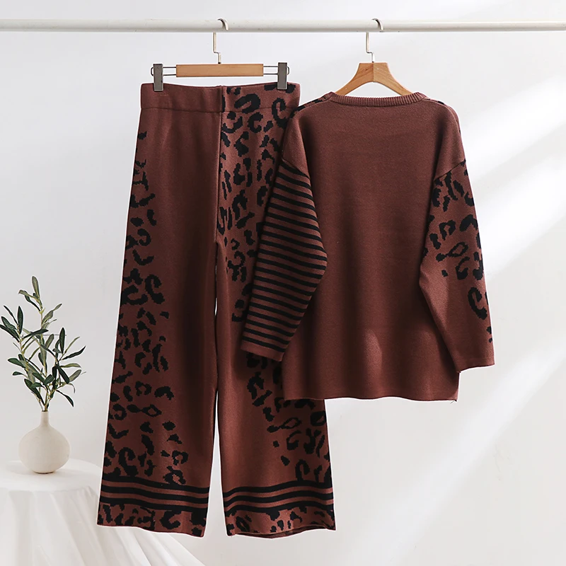 Elegant Women Knitted Suit Loungewear Knit Pants Set Casual Pajama Sets Women Stripd Floral Knitted Two Piece Set For Women 2024