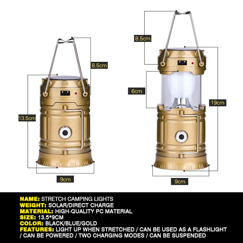 Camping Lamp USB Rechargeable Camping Light Outdoor Tent Light Lantern Solar Power Collapsible Lamp Flashlight Emergency Torch