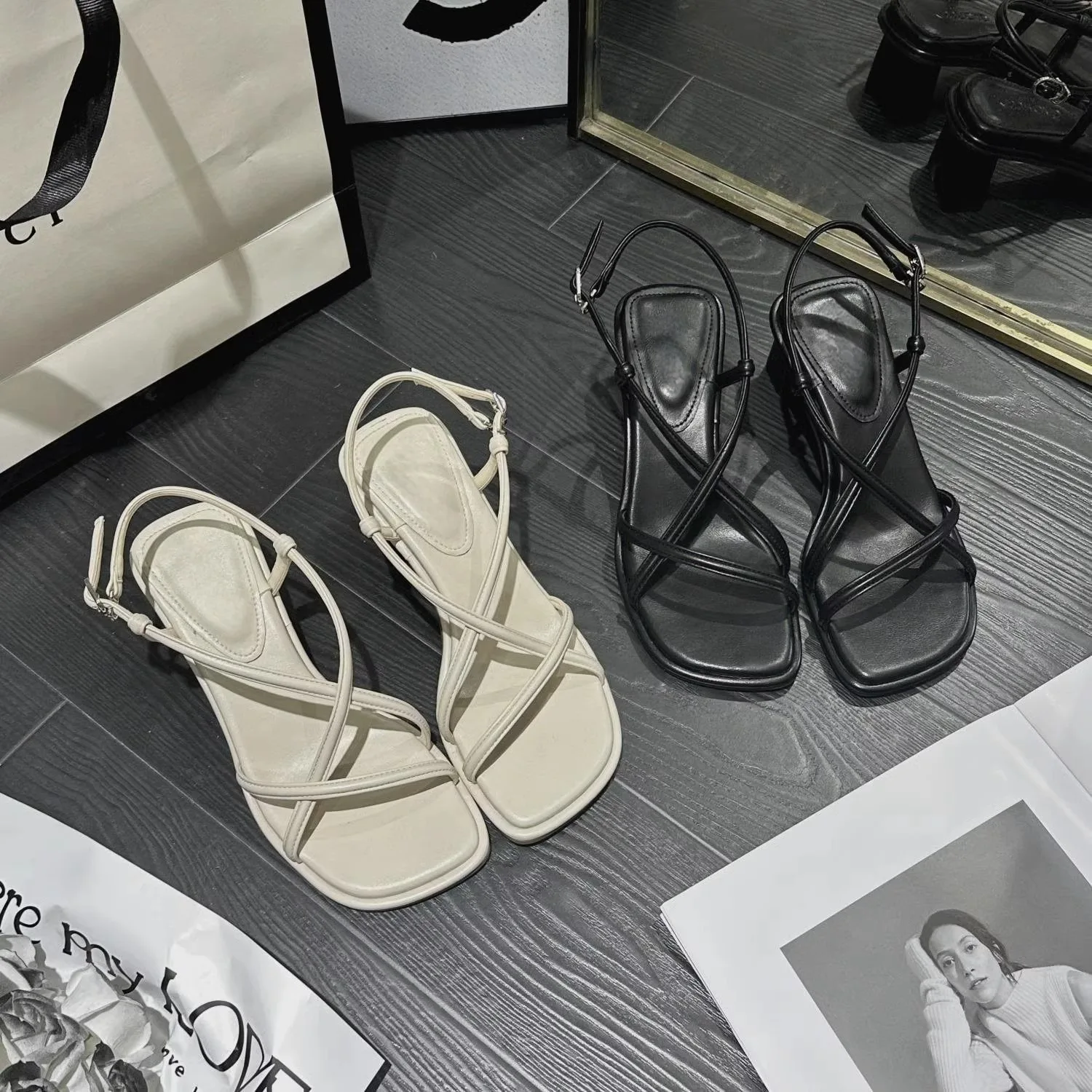 2024 Women Versatile Fishbone Sandal Summer Luxury 3cm 5cm Girl High Heel Sandals Halved Belt Cute Sweet Simple
