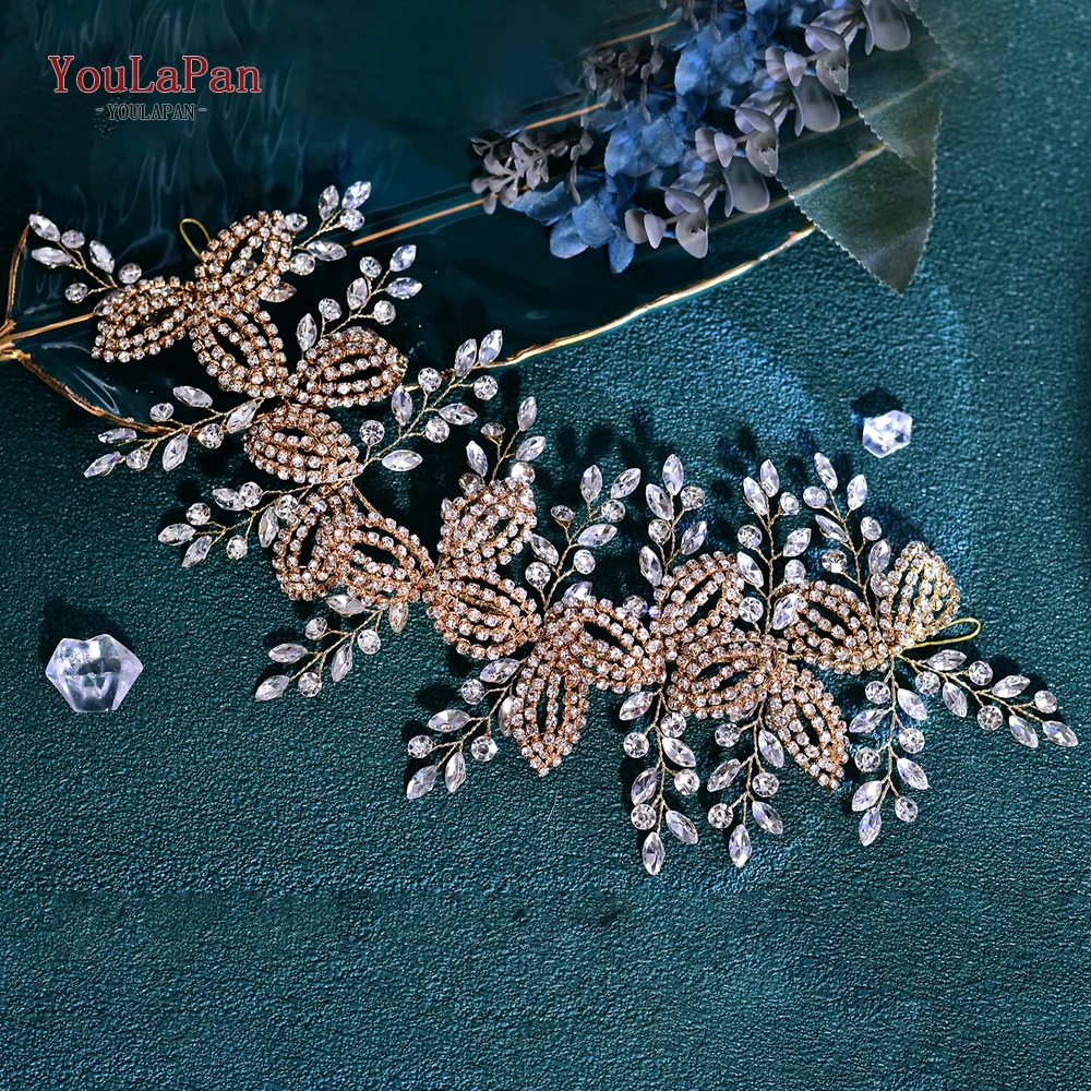 TOPQUEEN الزفاف الراين عقال متعدد الألوان الزفاف Hairwear مأدبة رباط شعر حفلة اليدوية سلسلة معدنية خوذة HP881