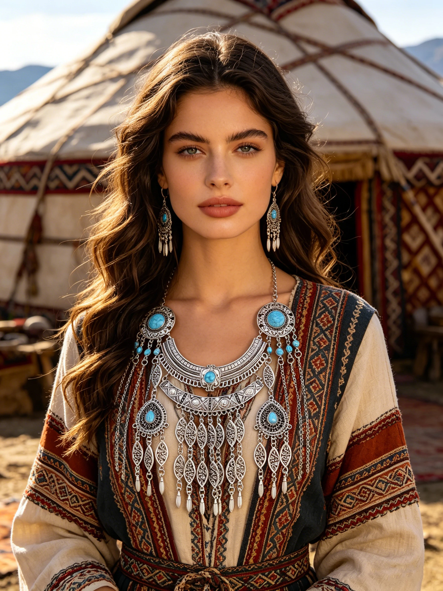

Kazakh ethnic style antique silver alloy women's necklace with geometric carvings, tassels and inlaid imitation turquoise