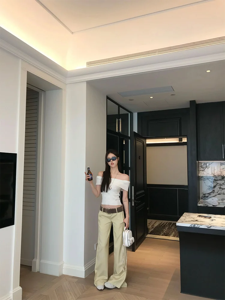 

Low Waist Wide Leg Suit Pants Long Casual Women's Loose Design Sense Elegance Pants Commute Sle Simple Knitted Polyester