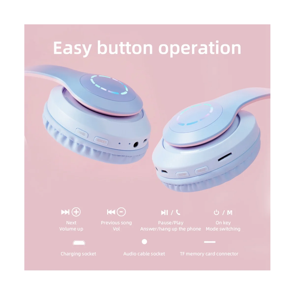 LED Flash Light Headphone Cute Cats Ears Wireless Earphone with Mic Kids Girls Stereo Music Headsets TWS Bluetooth 5.0 D