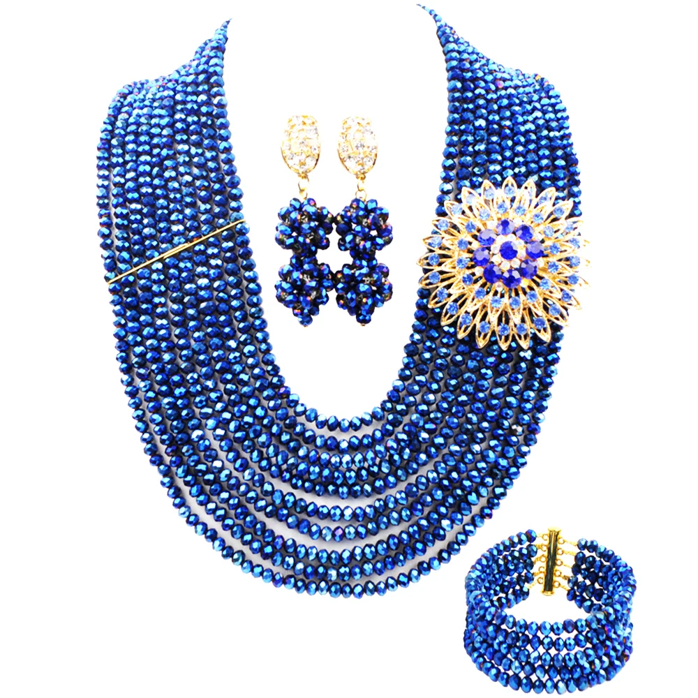 Fashionable African Bridal Dress Accessories Metal Blue Crystal Necklace Nigerian Wedding Ladies Jewelry Set YY-38