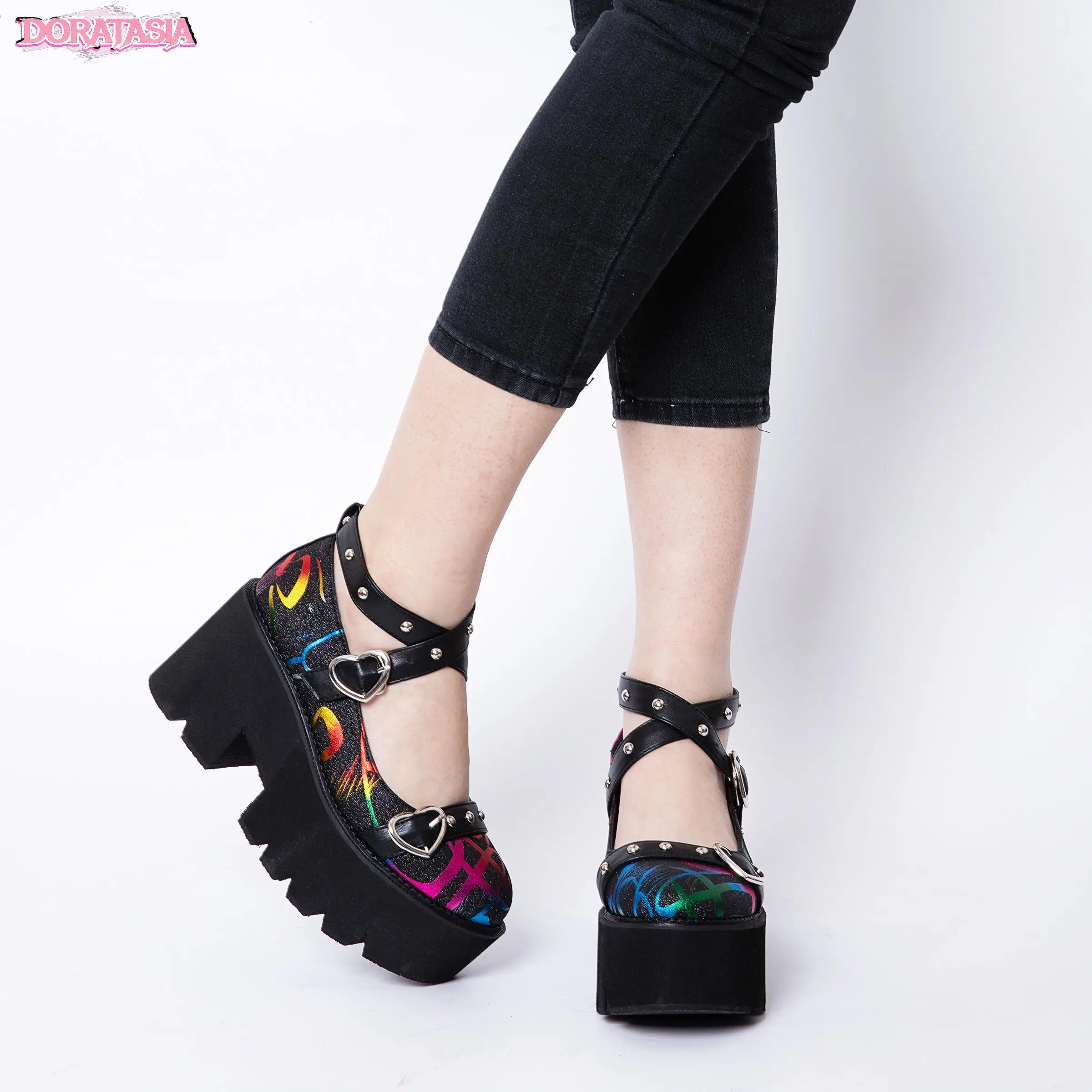 Sweet Girls Pumps Thick Heels Buckle Cross Tied Punk Gothic Cosplay Lolita Shoes Platform Woman Designer Casual Women Shoes