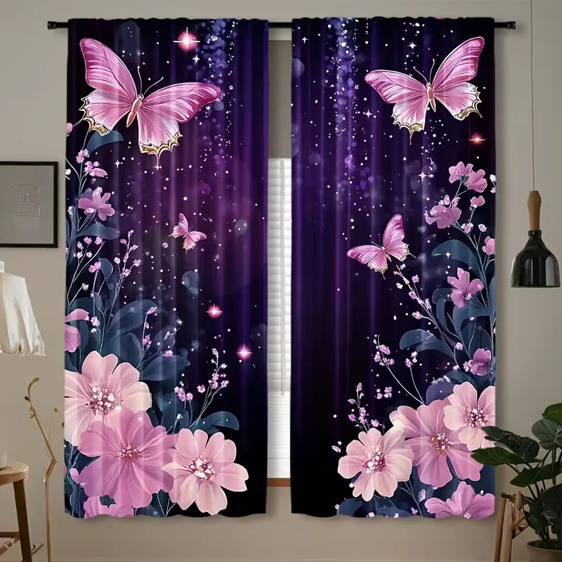 

2 шт., розовые шторы с бабочками и цветочным принтом, фиолетовые шторы со звездной ночью и принтом света, романтический блестящий домашний декор для спальни