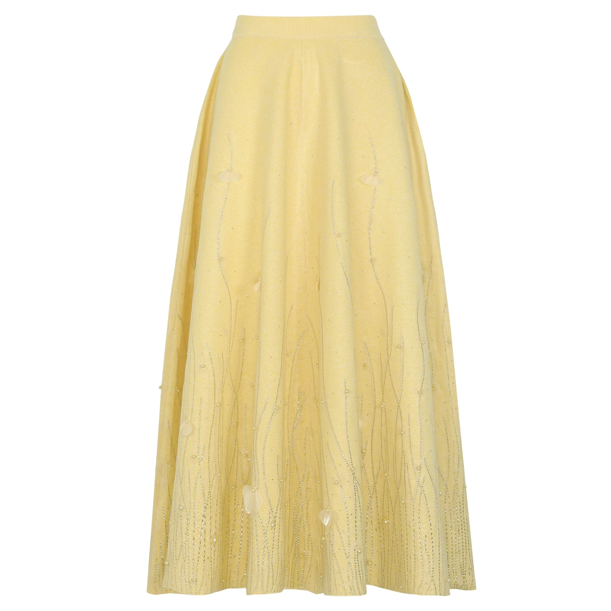 2620 High-Quality Spring Autumn Women's Fashion Knitted Large Flare 3d Floral Heavy Hot-Fix Diamond Design Elegant Stylish Skirt