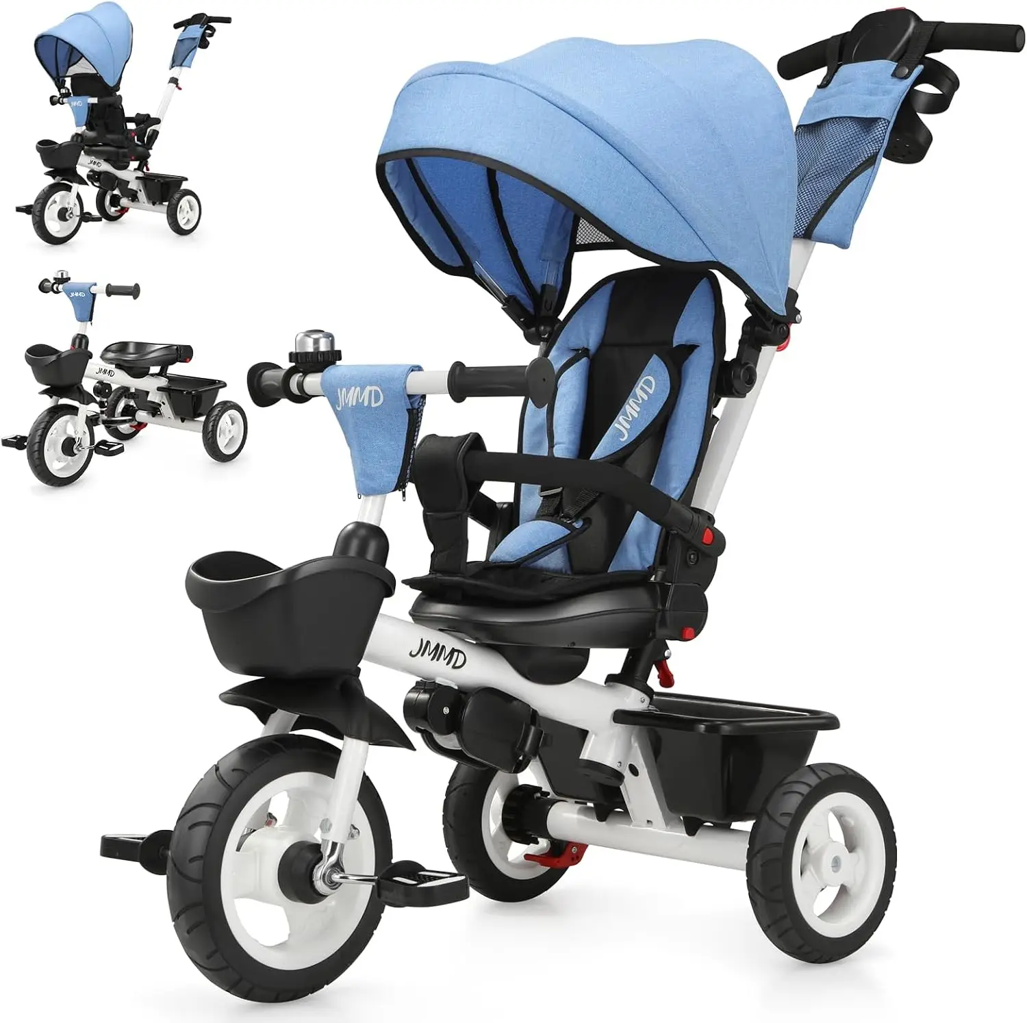 JMMD 7 in 1 Toddler Tricycle with Push Handle Baby Tricycle for 1-5 Age | 360° Swivel Seat, Rear-Facing Infant Seat, Reclining B