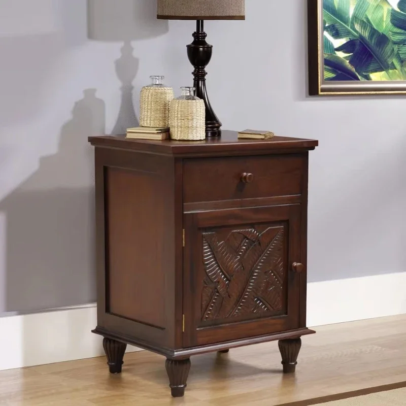 Bedside banana leaves carved walnut, wooden bedroom furniture, Indonesian handmade furniture