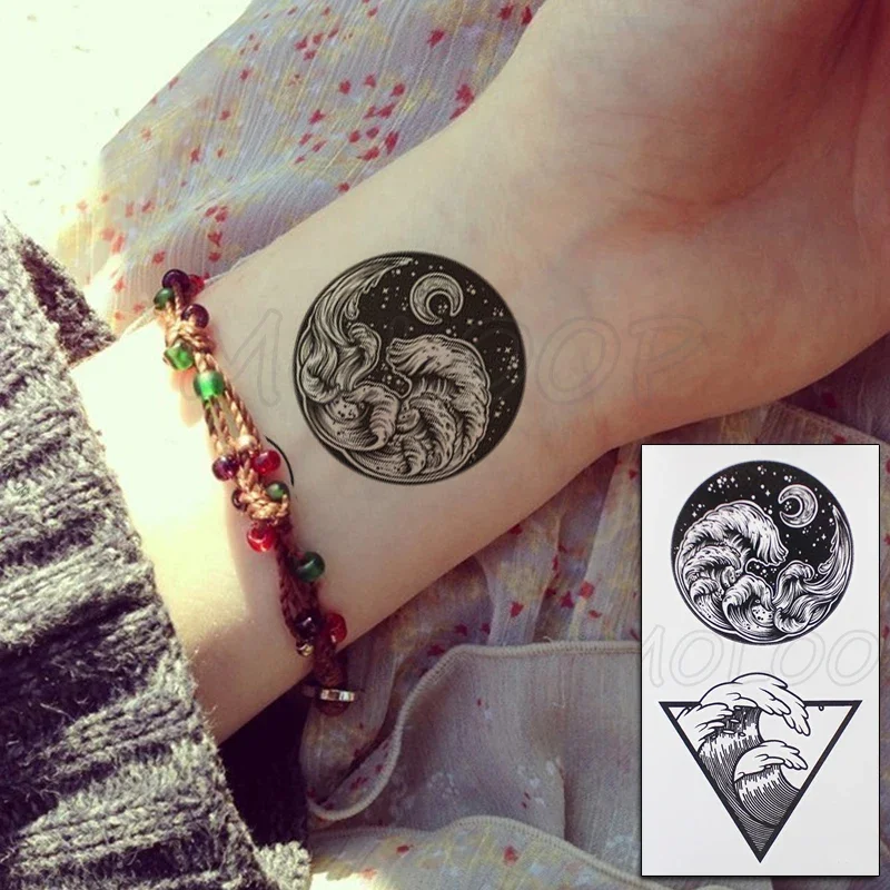 Autocollant de Tatouage Corporel Noir et Blanc, Dessin Petite Communautés ète 152, Soleil, Lune, Étoile, Transfert d\'Eau Temporaire, Faux Tatouage