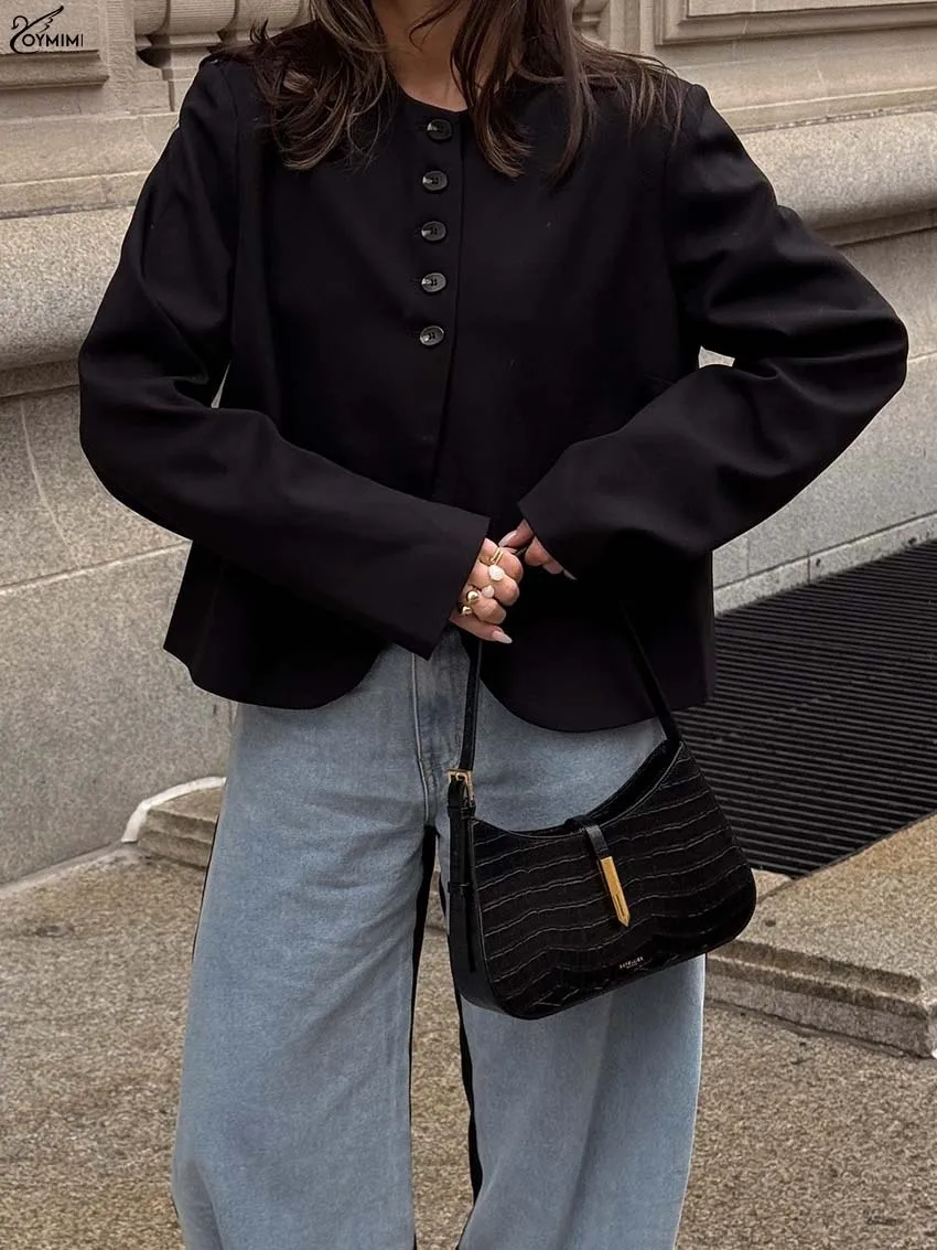 Oymimi mode noir col rond femmes Blouse automne décontracté à manches longues simple boutonnage chemises élégant solide mince Blouse Streetwear