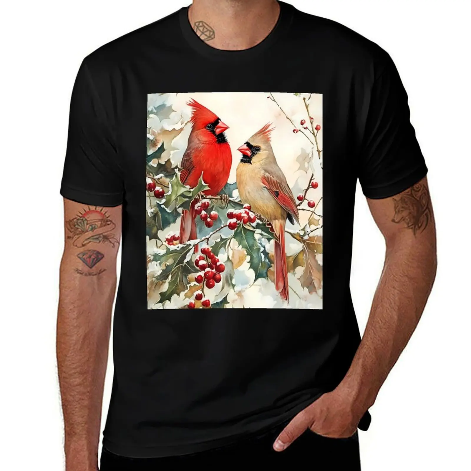 

Watercolor winter Cardinals T-Shirt blue lock vintage graphic tee street wear oversize t-shirts man t shirts for men pack