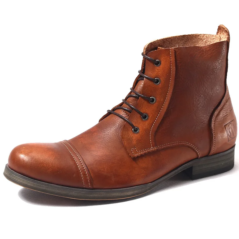 

Italian Leather Boots Men's Cowhide Soft Men's British Workwear Shoes Round Toe Lace Up Chelsea Outdoor Trekking Walking Camping