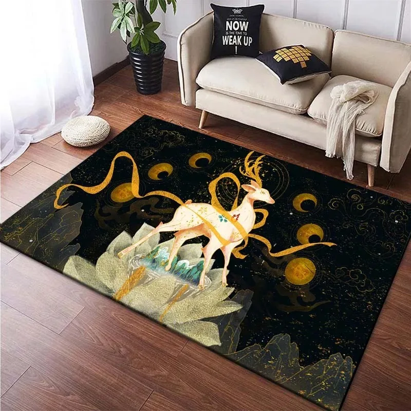 

Black Base Chinese Style Entryway Doormat Lotus Base Golden Ribbons Star Moon Elements Landscape Texture Accents