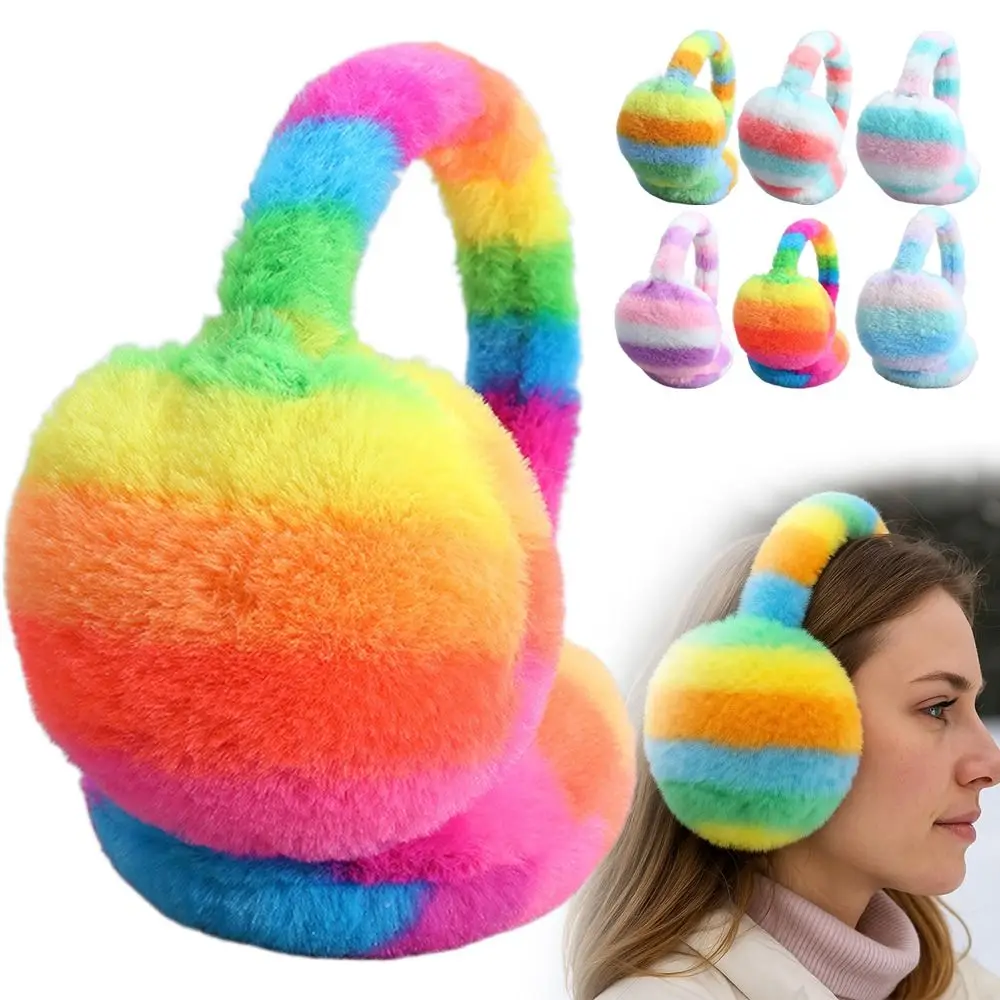 Winter Warm Soft Earmuffs Thickened Rainbow Color Fluffy Earflaps Antifreeze Ear Protection Ear Warmer For Women Men Outdoor