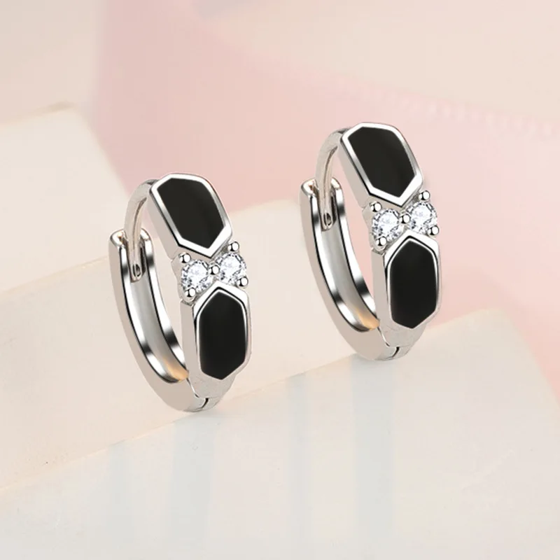 Retro Female Earrings 925 Sterling Silver Geometry Black White Cubic Zirconia Small Earrings for Women Fashion Statement Bijoux