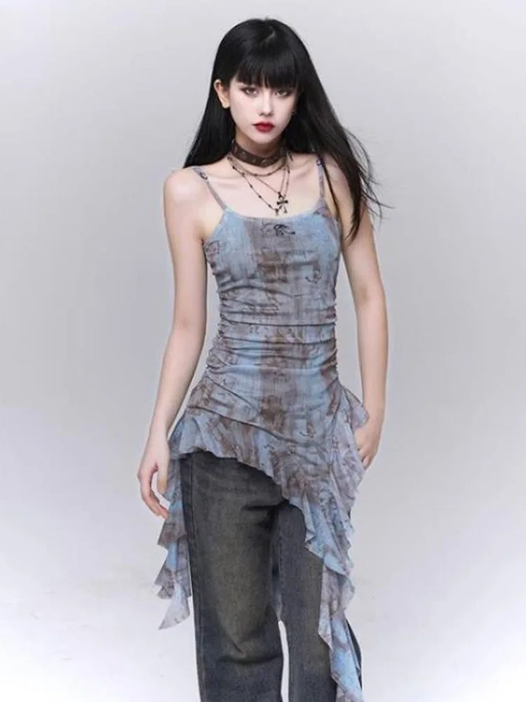 Retro Gradient  Small Strap Vest Women Summer Uneven Hem Pleated Waist Cinch Sash Sleeveless Top Korean Style Commute