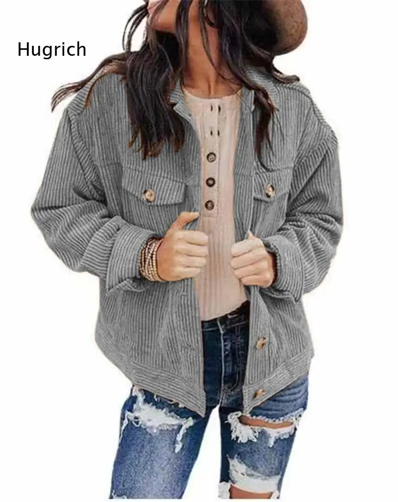 Stylish Corduroy Button Up Jacket with Long Sleeve Womens Loose Fit Outerwear for Cool Weather Daily Use Breathable Fabric